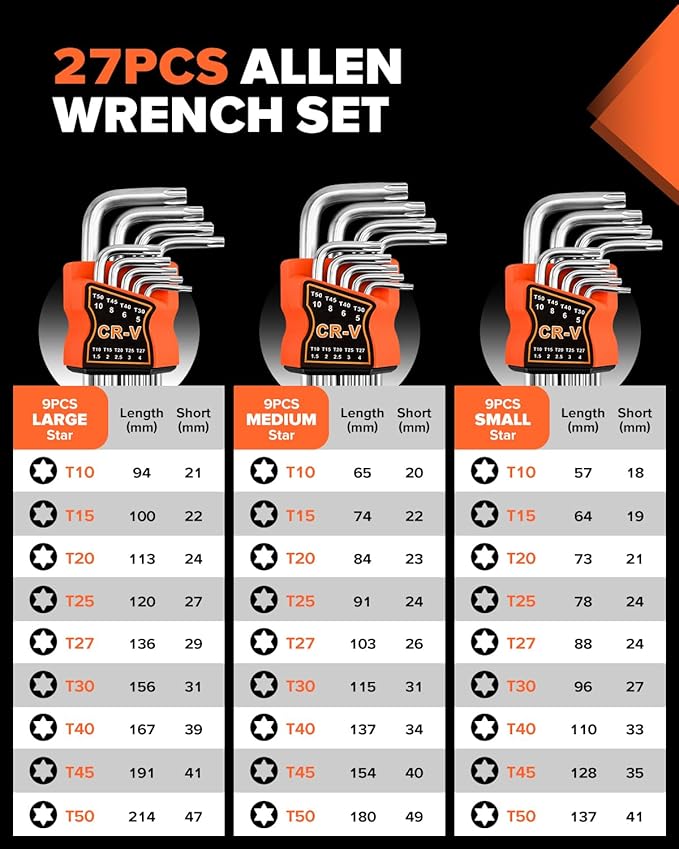 27pcs Allen Wrench Set - Long Arm SAE & Metric Torx Star Ball End Hex Key Set