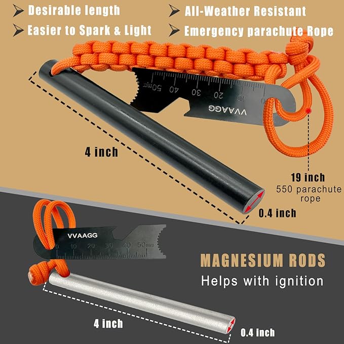VVAAGG Flint and Steel Fire Starter Kit Survivor, 3/8" 1/2 inch Ferro Rods and Magnesium Rods with Paracord Handle