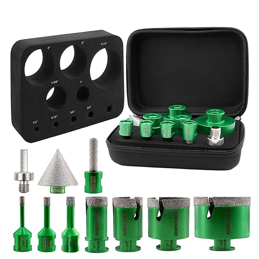 Diamond Core Drill Bits Kit - 10pcs 6/8/10/25/35/50/65mm+2" Beveling Chamfer Bit+1-3/8" Finger Milling Bit+Triangle Adapter to 5/8-11" Thread for Porcelain Ceramic Tile Granite Marble