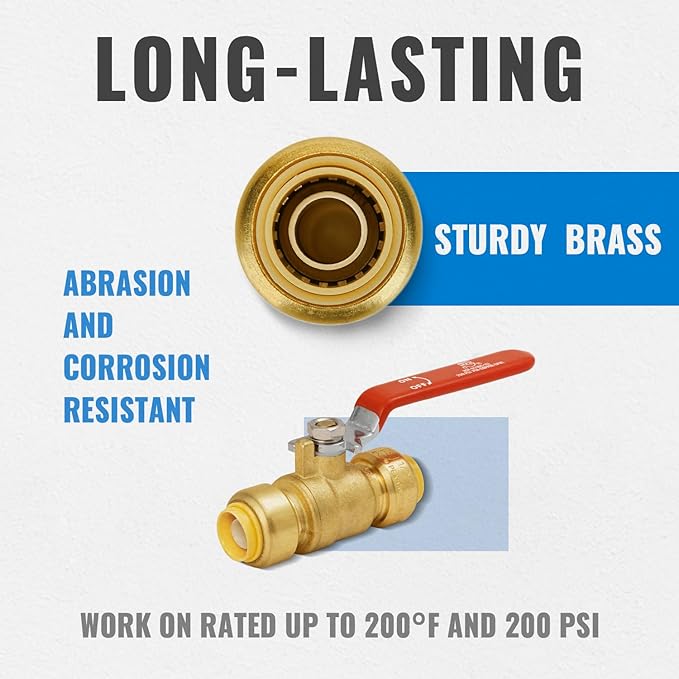SUNGATOR 1/2 Inch Shut Off Valve, Ball Valve 1/2 Inch, Pushfit Plumbing Water Shutoff, No Lead Brass Push to Connect PEX Pipe, Copper, CPVC, PE-RT, With 1 Disconnect Clip, Pack of 4