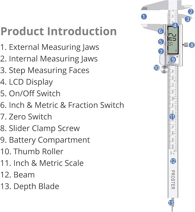 Proster Digital Vernier Caliper 8inch 200mm - Stainless Steel Electronic Caliper Fractions/Inch/Metric Caliper Measuring Tool for Length Width Depth Inner Diameter Outer Diameter