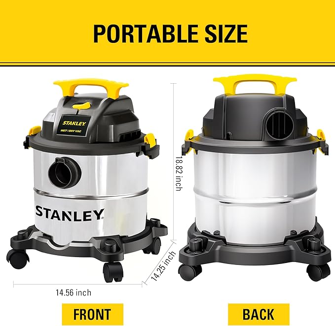 STANLEY Wet Dry Vac, 5 Gallon Portable Shop Vacuum Wet/Dry, 4 Horsepower, Stainless Steel Tank, 4.0 HP, Silver+Yellow, SL18115
