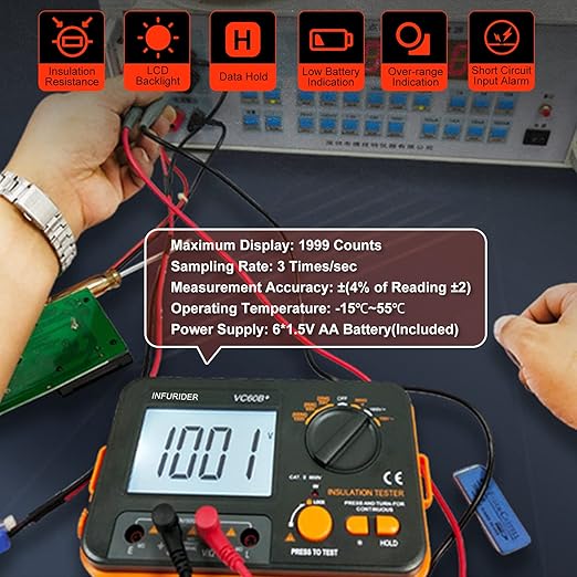 Digital Insulation Resistance Tester, Megohmmeter Ohm Meter YF-VC60B+, Voltage Tester 250/500/1000V, Megohm Meter with Backlight LCD Display, Data Hold