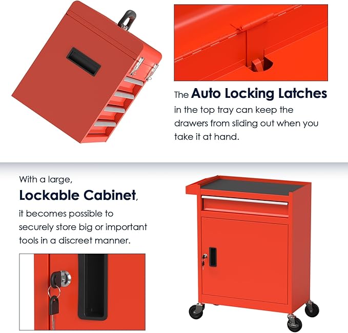 Tool Box with Wheels, 5-Drawer High Capacity Tool Chest with Wheels, Removable Storage Toolbox with Lock for Garage, Workshop and Room Use(Red)