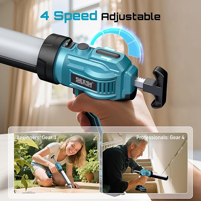 SEESII Cordless Caulking Gun, 21V Battery Powered Caulk Gun, Electric Caulking Gun w/2 x 2.0Ah Batteries, 9Pcs Caulk Remover Tool, LED Light, Auto Retract, Adhesive Gun Kit for Filling, Sealing