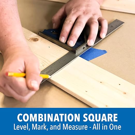 PEC Tools 4-Piece Hardened Combination Square Set - 4R 12”Machinist Blade, Cast Iron Head, Center Head, Combination Square with Level and Scribe Tool, Reversible Locking Bolt, Made in USA