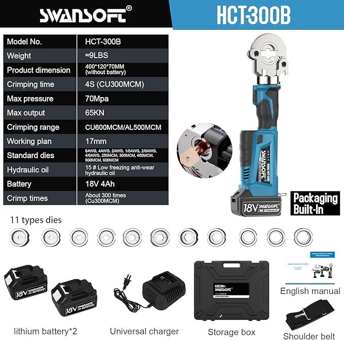 SWANSOFT Electric Hydraulic Crimping Tool,6Ton 6AWG-600MCM Rechargeable Hydraulic Crimper for Cu/Al Terminal, Crimp 20000 Times Wire Cable Lug Crimping Tool Kit (300B)