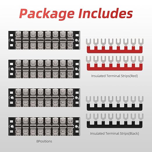 APIELE 25A Screw Terminal Block Covered 8 Position Dual Row 8 Position Pre-Insulated Terminal Barrier Strips (4PCS 25A 8P+4PCS Wiring Strips)