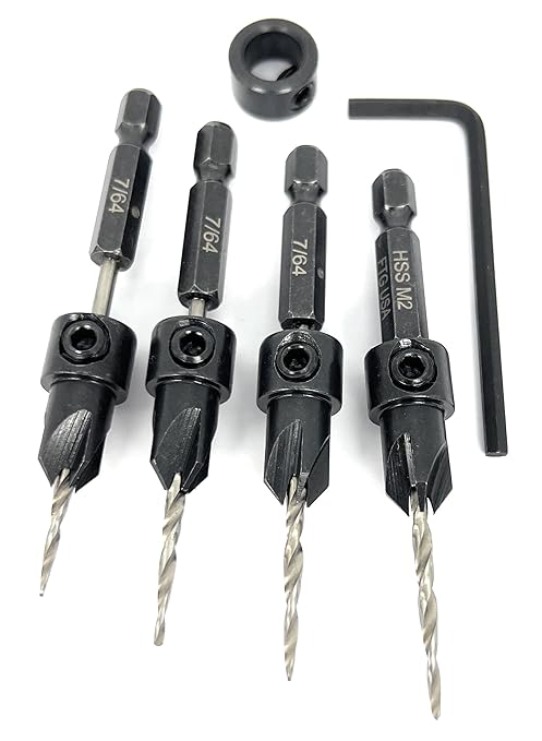 FTG USA Countersink Drill Bit Set 4 Pc #4 (7/64") Wood Bit, Tapered Bit, Stop Collar, Hex Wrench for Woodworking