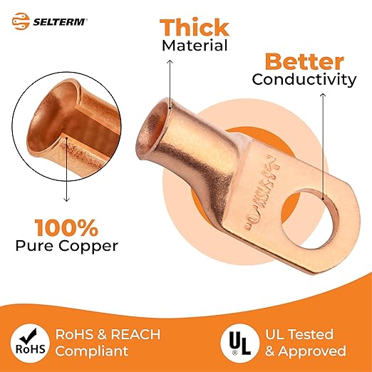 SELTERM 2pcs 6 AWG 5/16" Stud (Wide Pad) Copper Wire Lugs,Battery Lugs,Ring Terminals,Battery Cable Ends, 6 Gauge Ring Terminal Connectors,UL Heavy Duty Bare Copper Eyelets Battery Terminal Connectors