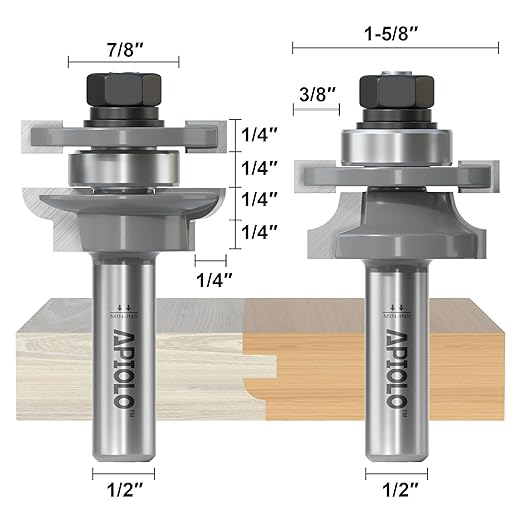 Professional 2PCS Round Over Style Rail and Stile Router Bits Set 1/2 Inch Shank, 3/8 Inch Cutting Depth, Up to 7/8 Inch Stock, Door Frame Shaper Cutters Raise Panel Making Router Bit Set
