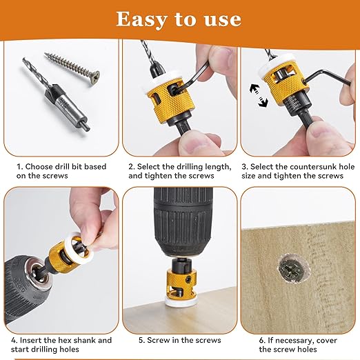 5 Pcs Hex Shank Countersink Drill Bit Set with Low Friction Depth Stop, 1/8" 9/64" 5/32" Drill+3/8” 82° Counter-Bore,11/64" 3/16" Drill+ 1/2" 82° Counter Bore,HSS M2 Tapered Bits (Yellow)