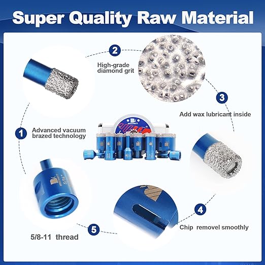 Diamond Core Drill Bit Set - for Porcelain Tile Ceramic,BRSCHNITT 1/4" 5/16" 3/8" 4/5" 1" 1-3/8" 1-1/2" 2" 2-1/2" (6 8 10 20 25 35 38 50 65mm) Vacuum Brazed Diamond Hole Saw Kit with 5/8-11 Thread