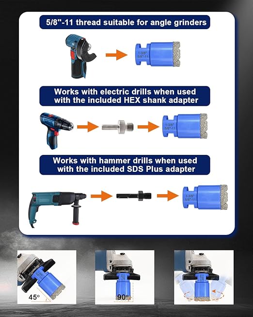Diamond Tile Hole Saw Kit - 12Pcs 1/4'' X 2, 5/16'', 4/5'', 1-3/8'', 2'', 2-1/2'', 4'' Drill Bits, 4/5'' Finger Bit, 2'' Beveling Chamfer Bit, 2pcs Adapters for Porcelain Tile Ceramic Granite Marble