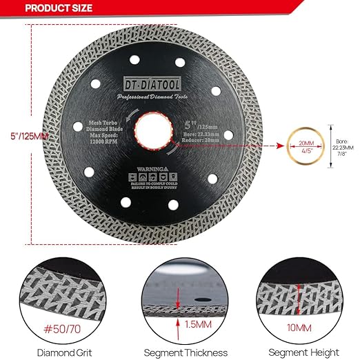 DT-DIATOOL Diamond Granite Blade 5 Inch for Marble Porcelain Tile Ceramic Diamond Cutting Disc with Mesh Turbo Diamond Segments