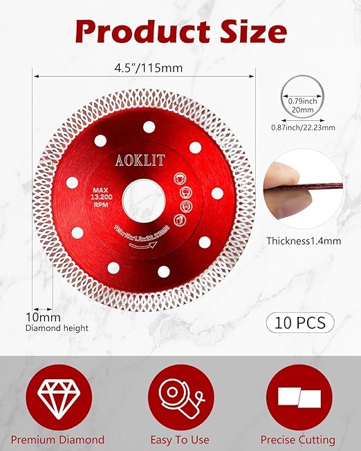 10 Pcs Diamond Saw Blades, 4-1/2 Inch Super Thin Tile Grinder Cutting Blade, Diamond Blade for Angle Grinder Cutting Porcelain Tile Granite Marbles