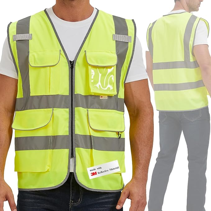 SIFE Reflective Safety Vest High Visibility Vest With 7 Pockets And YKK Zipper, ANSI/ISEA Class 2 Standard, Made With 3M Reflective Tape(03Y-Yellow,L)