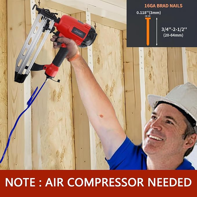 Pnumatic Finish Nailer,16Gauge nail Gun Acepts 3/4 Inch up to 2-1/2 Inch finish Nails.Brad Nailer Gun Can Hit Hardwood Ideal for Upholstery (Include 6m Air tube,1*Nail puller & Portable Bag)