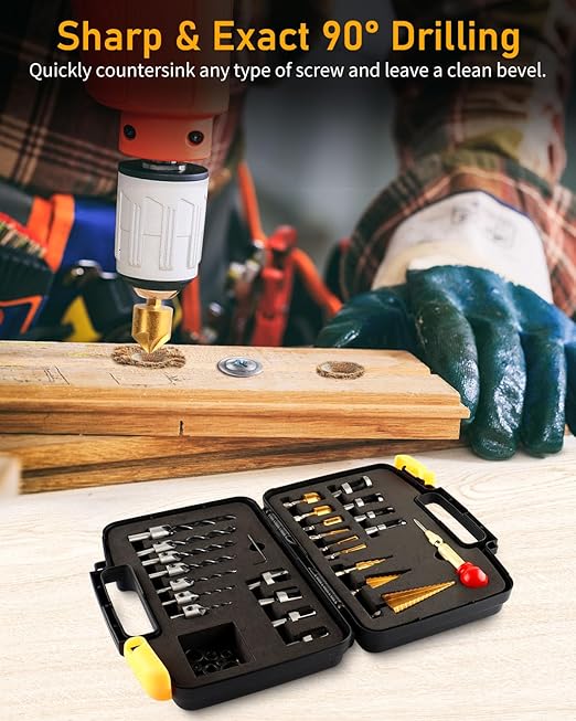 34 Pcs Woodworking Chamfer Drilling Tools Including 6 Countersink Drill Bit Set, 7 Countersink Drill Bit, 8 Plug Cutters for Woodworking, 3 Step Drill Bit and 8 Drill Stop Bit Collar Set.