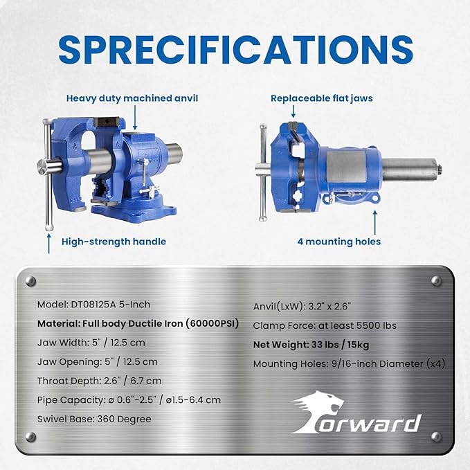 Forward DT08125A 5-Inch Heavy Duty Bench Vise 360-Degree Swivel Base and Head with Anvil (5", Ductile Iron)