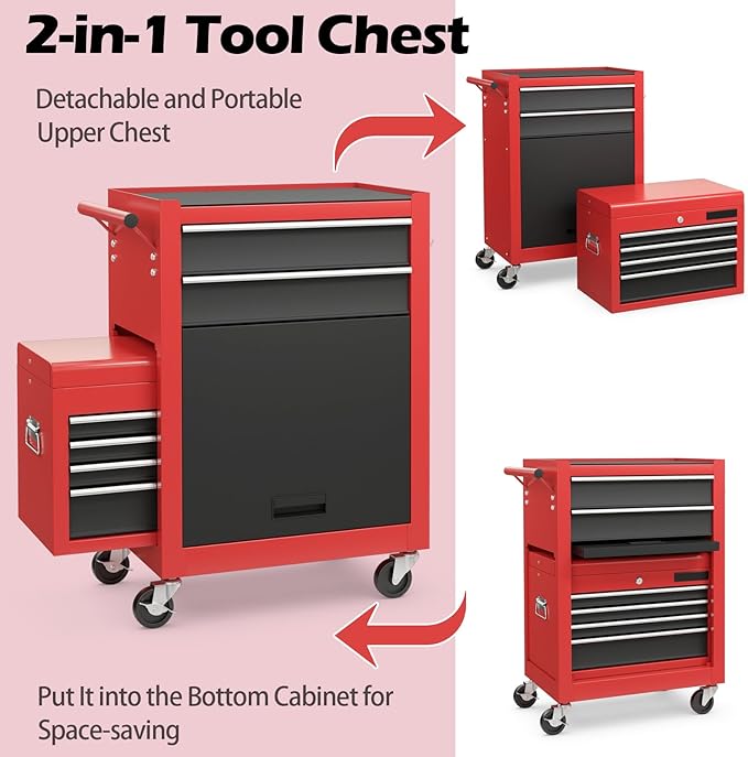 S AFSTAR 6-Drawer Rolling Tool Chest, High Capacity Tool Storage Cabinet with 4 Hooks, Locking System and Universal Wheels, 2-in-1 Detachable Large Toolbox for Garage Workshop (Black & Red)