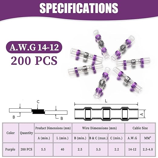 200PCS Purple Solder Seal Wire Connectors 14-12 AWG, Marine Grade Self Soldering Heat Shrink Wire Connectors Waterproof Insulated Electrical Butt Splice Wire Terminals for Automotive Boat Truck