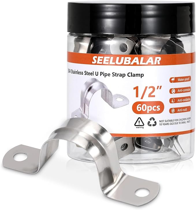M12 Pipe Clamps, 1/2 Inch 304 Stainless Steel Conduit Clamps, 2 Hole Strap U Bracket Rigid Pipe Strap Metal U Clamp Conduit Strap Tension Clips U-tube Pipe Clamps（12mm）