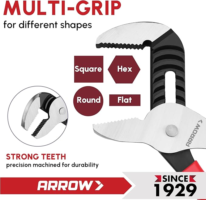 ARROW Groove Joint Pliers, 10" Adjustable Water Pump Pliers with 7 Jaw Positions, Serrated Jaws and Comfort Dip-grip Handle, Ideal for Plumbing Repair and Home Maintenance