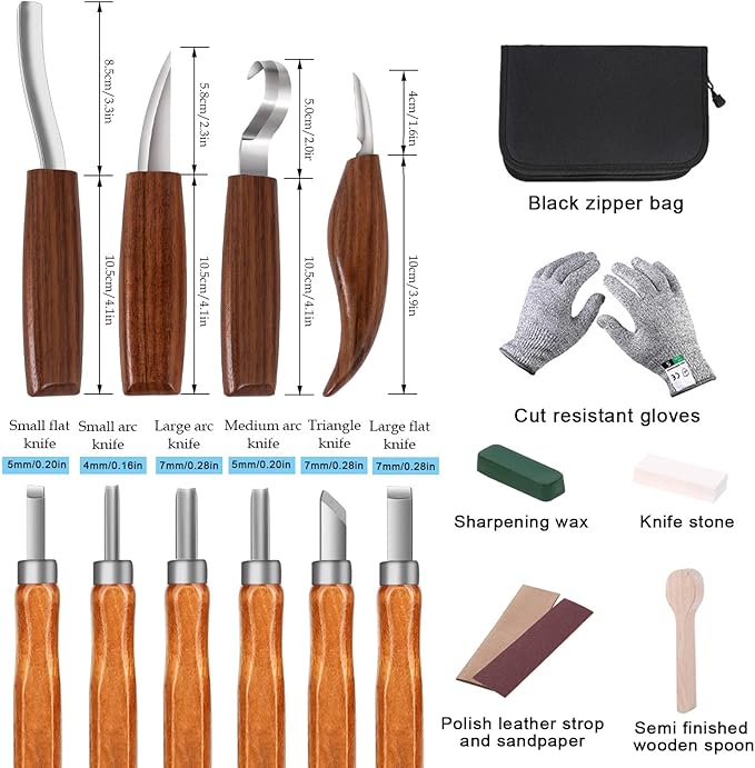 Wood Carving Tools Set,Detail and Hook Carving Knife Kit for Beginners,Trimming Knife for Spoon Bowl Cup Woodwork,Round Handle Design and 6pcs SK2 Carbon Steel Wood Carving Knives（10pcs）