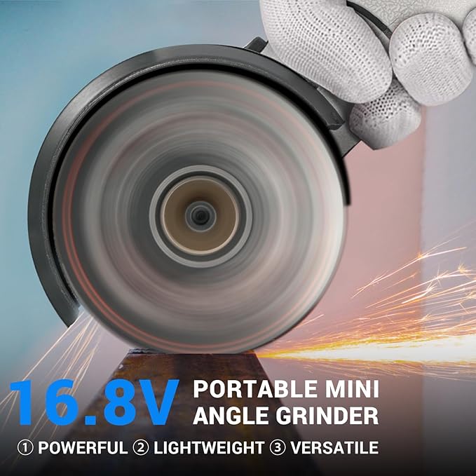Brushless Angle Grinder Tool, Cordless Mini Angle Grinder Brushed with 2pcs 16.8V 2000mAh Battery 5-Cutting Discs, Power Angle Grinder for Wood Metal Stone Concrete