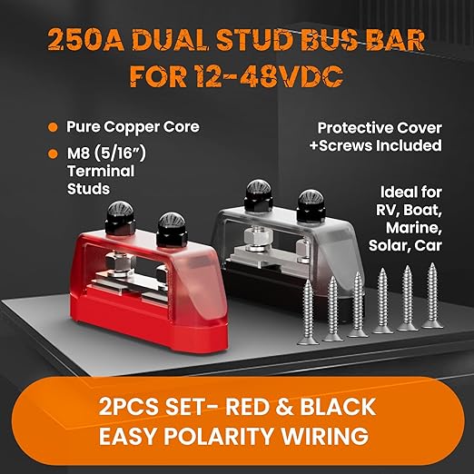 2PCS 5/16" M8 Dual Stud Bus Bar 12-48V 150A-250A Power Distribution Block – Heavy Duty Battery Terminal for Boat, Automotive, RV, Solar Systems with Protection Covers & Screws