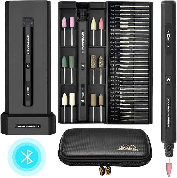 AM ARROWMAX Mini Engraving Pen with 42 Bits, Aluminum Case & Tool Bag-Smart Motion Control, APP & OLED Display, Magnetic Charger, Engraving Pen for Metal/Wood/Glass/Plastic, SGS PRO Plus (Black)
