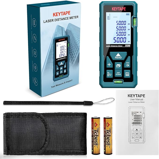 Laser Measure 328ft KEYTAPE Laser Distance Measure with Real Time, Upgraded M/in/FT/FT+in Unit Switching Backlit LCD and Pythagorean Mode, DT100 Portable Handle Digital Measurement Tool Range Finder
