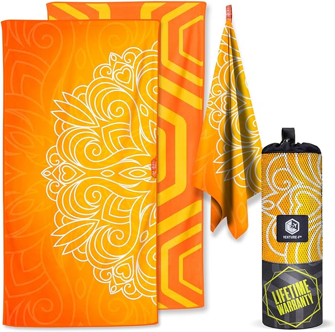 VENTURE 4TH Microfiber Beach Towel: Quick-Dry, Compact, Sand-Free, Absorbent, Sandproof and Lightweight - Perfect for Camping, Beach, and Roadtrips (Orange Mandala Design | 35x78 inches)