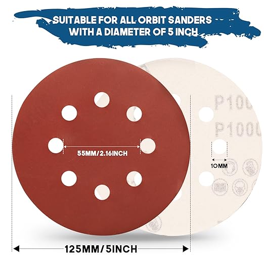 5 Inch 8 Hole Sanding Discs, 100 PCS 1000 Grit Hook and Loop Sandpaper, Round Aluminum Oxide Sand Paper Discs for Random Orbital Sander