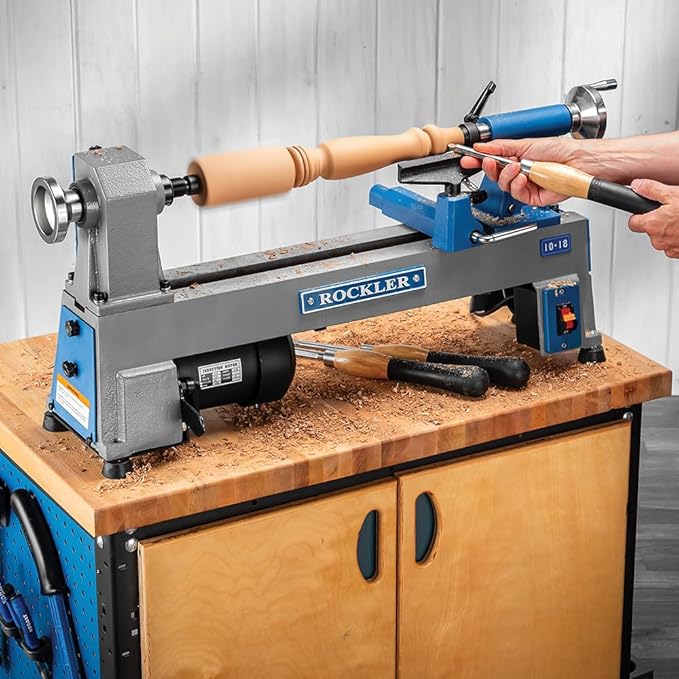 10x18” Mini Lathe Machine - Sturdy Cast-Iron Made Wood Lathes - Adjustable & Secured Woodturning Tools for Small to Medium-size Projects - Non-Slip Wood Lathe Accessories for Legs, Handles & Decor