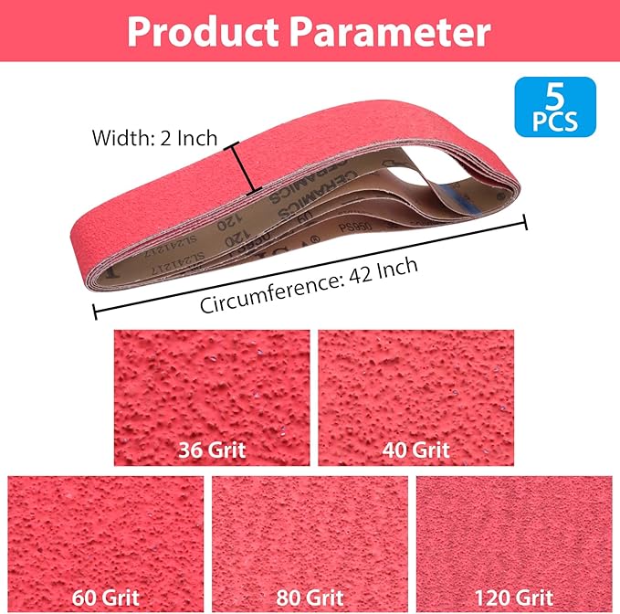 2 x 42 Inch Ceramic Sanding Belts, 2x42 Metal Grinding Belts, 36/40/60/80/120 Grits Sander Belt for Knife Sharpening, 5 Pack