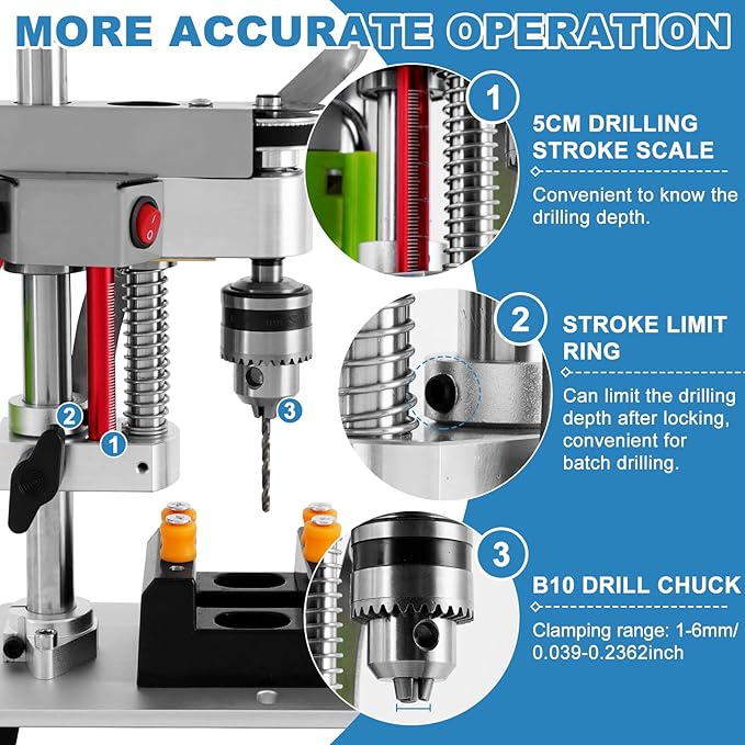 Mini Benchtop Drill Press with Work Light | Rear-Mounted 795 Motor, Small Bench Drilling Machine for Woodworking, Jewelry & Crafts, B10 Chuck, Motor & Belt Guard