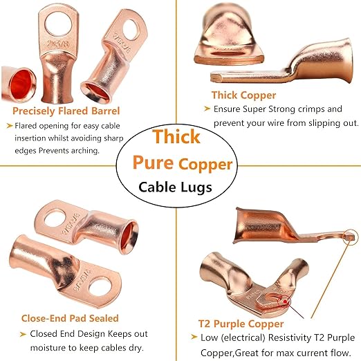 SVAAR 34pcs Battery Cable Lugs kit 1/0 Gauge 2 Gauge 4 Gauge Bare Copper Lugs with 5/16" and 3/8" Stud Heavy Duty 0 2 4 AWG Wire Lugs Ring Terminal Connectors Crimp Cable Ends with Heat Shrink Tube