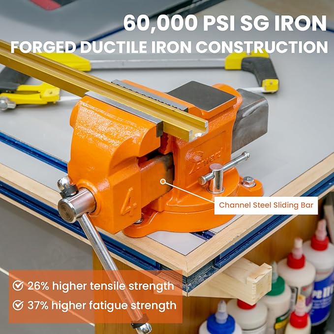 Forward Bench Vise 5 Inch Ductile Iron Bench Vice with 360 Degree Swivel Base and Channel Steel Guide Bar 30505 (5")