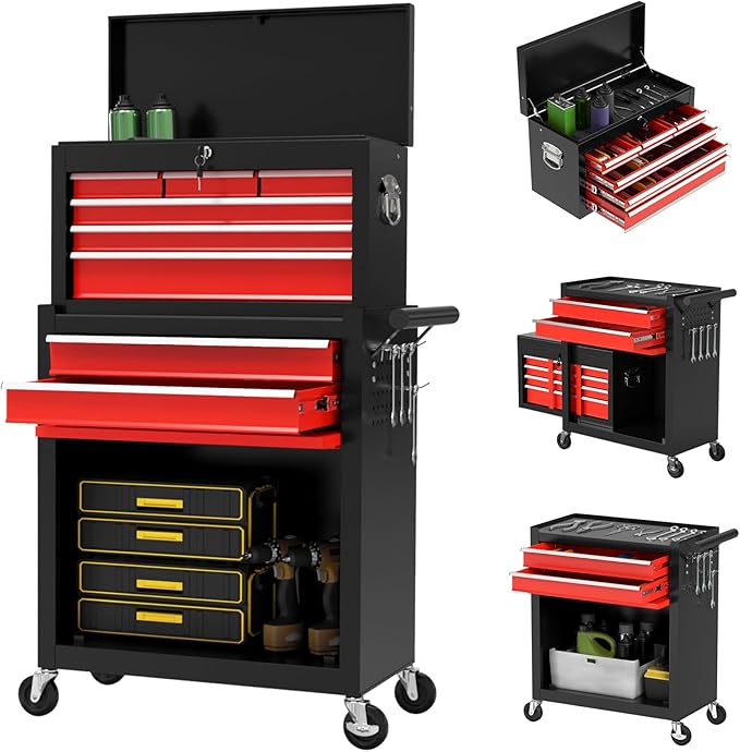 8-Drawer Rolling Tool Chest with Wheels, 2-in-1 Detachable Tool Box with Drawers and Large Cabinet, Rolling Tool Chest Storage Cabinet with Lockable for Warehouse, Garage, Workshop (BlackRed)
