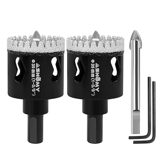 2Pcs 1-3/8 Inch Diamond Hole Saw with Pilot Drill Bit, 1-3/8" Serrated Brazing Tile Hole Saw Diamond Core Drill Bits with Guiding Bit for Ceramic Porcelain Tile Glass Stone Granite Marble