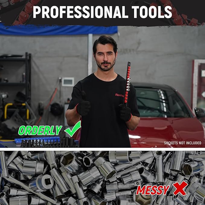 Magnetic Socket Organizer, 1-Piece Heavty Duty ABS Socket Holder, Socket Rail for Tool Box, Premium Quality 360° Swivel Socket Rack with 14 Clips for 1/4-Inch(Red)