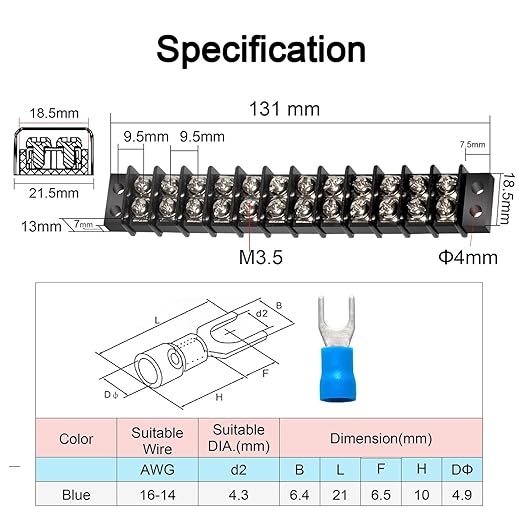 MILAPEAK Terminal Block - 2 Pack 12 Positions 200v-450v 20-30A Dual Row Screw Terminals Strip + 48 PCS Copper Wire Fork Connectors