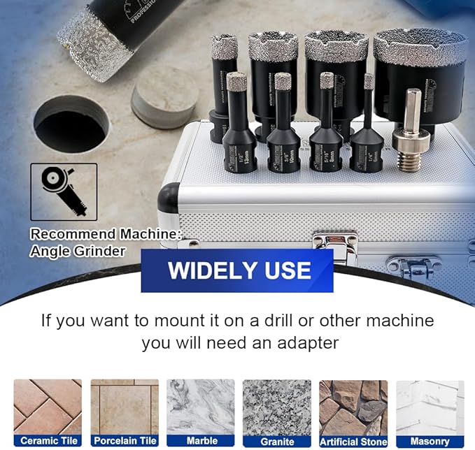 SHDIATOOL Diamond Core Drill Bits Kit for Porcelain Tile Ceramic Marble Brick Hole Saw Set 5/8 inch-11 Thread 9-Piece (6/8/10/13/19/35/45/65mm)
