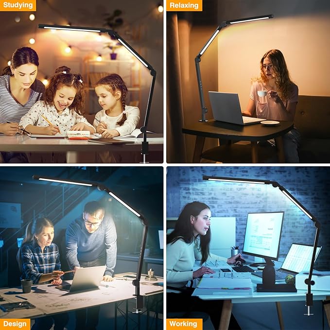 LED Desk Lamp with Clamp, Adjustable Swing Arm for Home Office, Dimmable Tempering Eye Care, Bright Modern Led Table Lamp for Nail Tech Architect, Flexible Tall Task Table Light