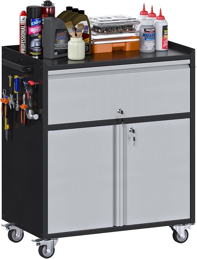 Aobabo Metal Cabinet with Wheels, Rolling Cabinet with 1 Drawer and 4 Hooks, 35" H Steel Garage Storage with Pegboard and Handle, Assembly Required, Black Grey