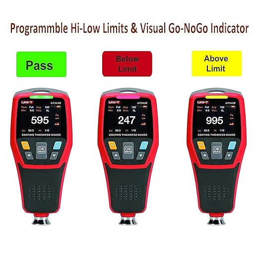 Paint Thickness Gauge for Cars UT343D Upgraded Coating Wet Film Thickness Gauge Paint Correction Precious Metal Tester Tool with Visual Go-NoGo Indicator Auto Rotatable Display