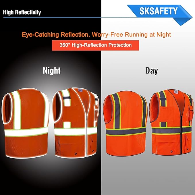 SKSAFETY 10 Pockets Safety Vest, Class 2 High Visibility Security with Zipper Double-sided mesh, Hi Vis Vest with Reflective Strips, ANSI/ISEA Standard, Construction Work Vest （Orange, L）