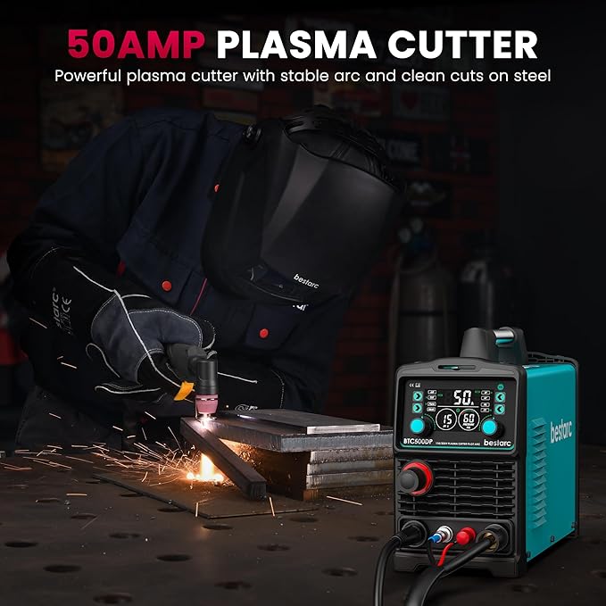 Plasma Cutter, [Pilot Arc][Large LED Display][Air Sensor] 50A bestarc Plasma Cutter Machine 110/220V Dual Voltage, 1/2 Inch Clean Cut 4/5 Inch Max Cut, Post Flow Mesh, 2T/4T for Beginners DIY